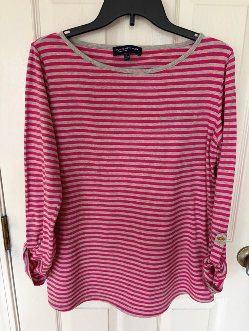 Jones New York Hot Pink & Gray Striped Roll-Tab Top
